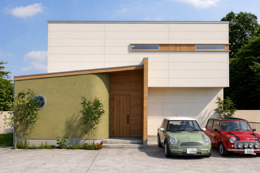 【富士宮市源道寺NewModel 期間限定公開】モスグリーンの塗り壁が映えるワンちゃんと暮らすお家